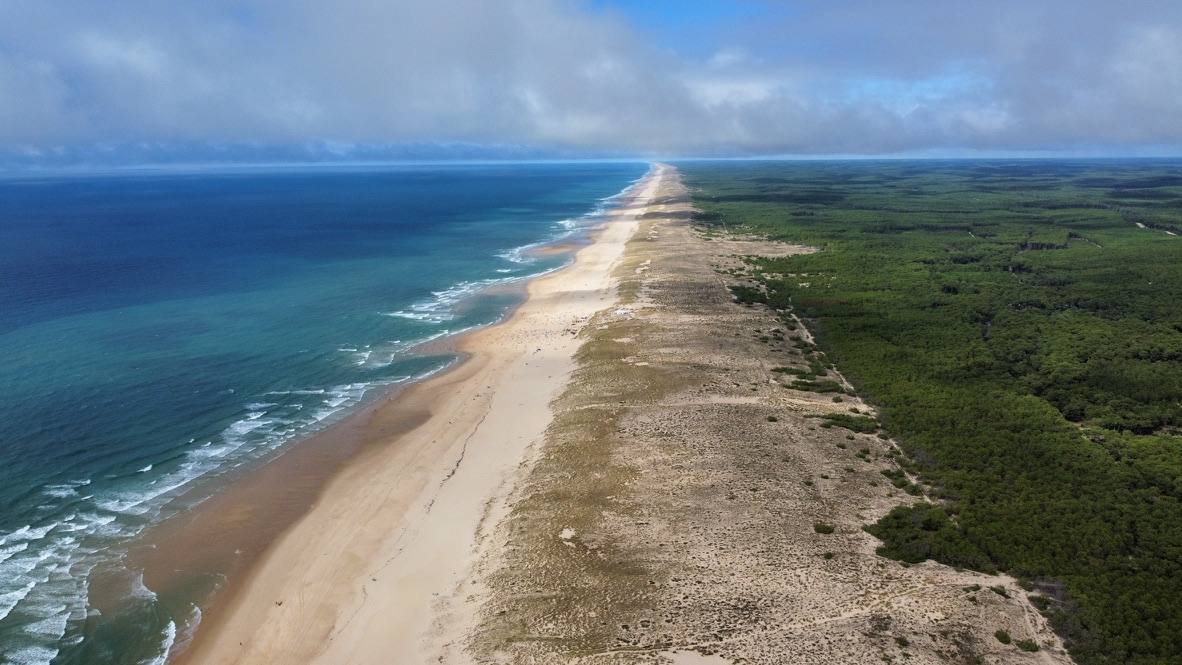 Plage océane et forêt bordant le Bassin d'Arcachon, vue par drone